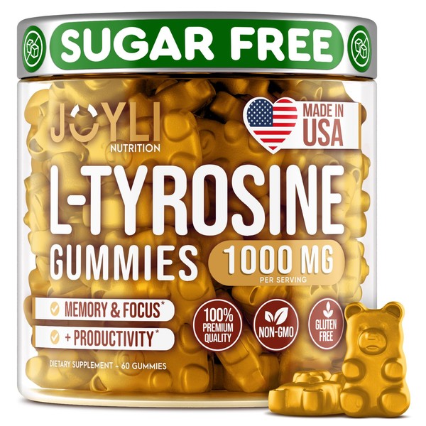 Joyli L Tyrosine Gummies 1000MG - L-Tyrosine Supplement for Kids & Adults - Calm & Focus Gummies for Brain, Memory, Mood, and Energy - 500mg L- Tyrosine Powder per Gummy - Vegan, Gluten-Free