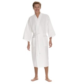 BOCA BT TERRY Men's Waffle Robe by BOCA TERRY, Waffle Knit Spa Robe, Long Lightweight Cotton Kimono Hotel Bathrobe, White, Small-Medium