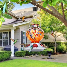 BOLITE Hummingbird Feeder, Hand Blown Glass Hummingbird Feeders for Outdoors Hanging, Ant Moat, 5 Bee-Proof Ports, Leak-Proof, 360° Perch, 22oz, Orange Peony Gifts for Women Men, Gifts for Mom Dad