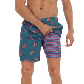 LRD Men's Swim Trunks with Compression Liner 7 Inch Inseam Quick Dry Swim Shorts Lobsters/USA Stripe - M