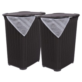 Plastic Laundry Hamper with Lid, 2 Pack Knit Designed Laundry Hamper Basket, 50 Liter, Brown Cloths Hamper Organizer with Cut-out Handles. Space Saving for Laundry Room Bedroom Bathroom.