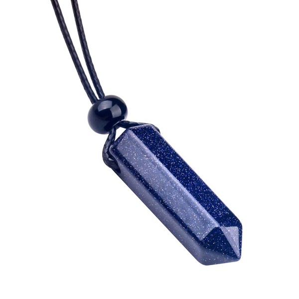 Spiritual Jewelry - Sparkling Blue Goldstone Necklace - Positive Aura Amulet - High Frequency Crystal Point Wand Pendant - Good Luck and Protection Energy Talisman - Meditation Pendulum Crystal