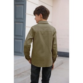 Boys' Long Sleeve Dress Shirts Classic Collared Button-Down Tshirt Solid Cotton Top with Chest Pocket Army Green