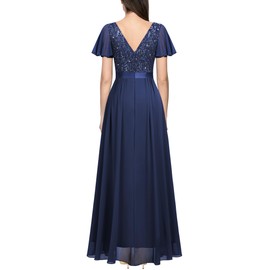 MIUSOL Women's Elegant Double V-Neck Sequin Embroidered Prom Bridesmaids Party Gown Formal Maxi Dress (XX-Large, Navy Blue)