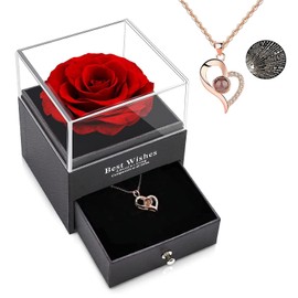 TOPTHEROAD Rosa Eterna Caja Regalo con Collar de Corazón, Collar te Amo en 100 Idiomas, Rosa Preservada Regalo para Mama, Novia, Esposa, Mujer el Día de Madre, Día de San Valentín (Dorado)