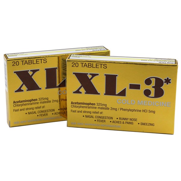 XL-3 Cold and Flu, Temporary Relieves Nasal Congestion, Fever, Aches and Pains, Non-Drowsy, 2-Pack of 20 Tablets Each