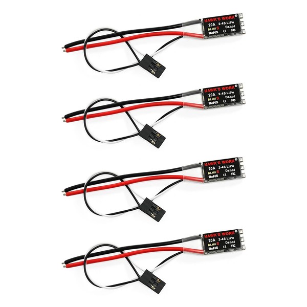 HAWK'S WORK Brushless ESC, Ultra Light & Small 20A Electric Speed Controller for Multi-Rotor Drone RC Airplane (Soldered + No BEC) (4 PCS)