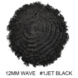 LYRICAL HAIR Afro Curl Toupee for Black Men 10X8 Full Poly African American Human Hair Systems All Injected PU Skin Hairpiece Replacement Kinky Curly Mens Wigs (Afro Wavy 12mm, 1# Jet Black)