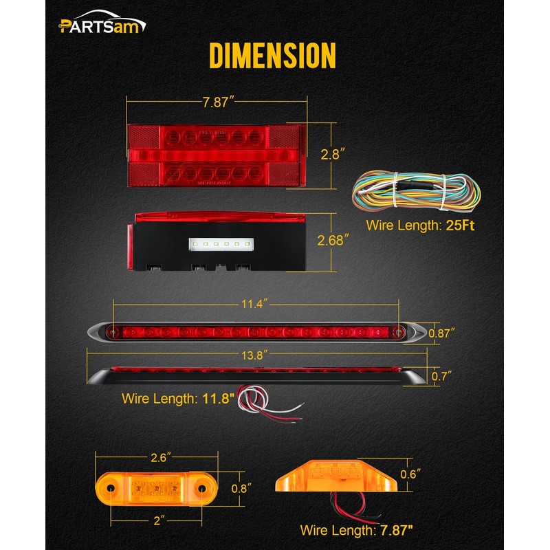 Partsam Submersible LED Trailer Tail Light Kit, Rectangular Trailer Lights+ID