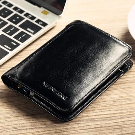 MANBANG Luxury Men Wallet Genuine Cow Leather Male RFID Trifold Short Purse For Men with ID Window and Credit Card Holder (Black)