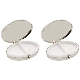 Set of 2 Oval-Shaped Pocket Purse Pill Box & Organizer with Dual Compartments (Silver Victorian)