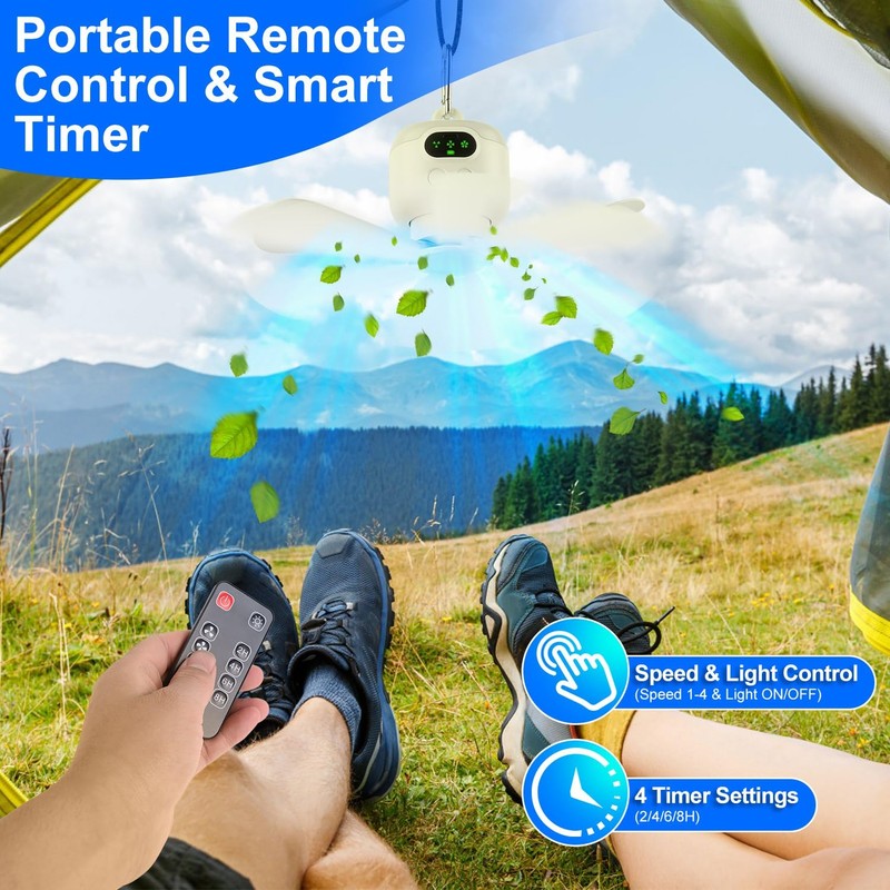 Zorpupoa Camping Fan 8000mAh Battery Operated, Tent Ceiling Fan with