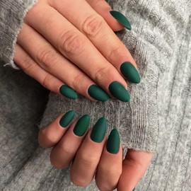 Matte Dark Green Press On Nails Short Oval,Xcreando Almond Fake Nails Glue on Nails Short,Acrylic Nails Press ons,Gel Nails False Nails Short,Stick on Nails for Women and Girls in 24 PCS