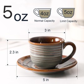 Tikooere Ceramic Espresso Cups with Saucers 5 Oz,Set of 4 Porcelain Demitasse Cups Set,Small Coffee Cups with Handle for Coffee,Tea,Latte and Macchiato,Cappuccino Mugs for Kitchen and Cafe,Brown