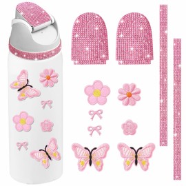 RNFVJH 11pcs Decorations Charms Compatible With for Owala Water Bottle 16oz 24oz 32oz 40oz, Bling Rhinestone and Butterfly Flower Stickers Design For Unisex, No Cup (Pink)