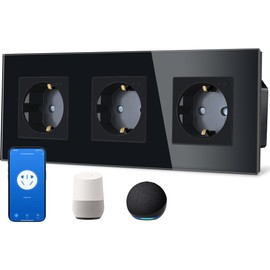 TAWOIA Schuko Smart Socket, 3 Compartments, 16A, App Control, Works with Alexa, Glass Frame, 86 x 86 mm, Black, WiFi Only 2.4 GHz