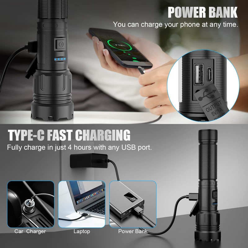 Magnetic Rechargeable Flashlight High Lumens, Super Bright LED Flash Light