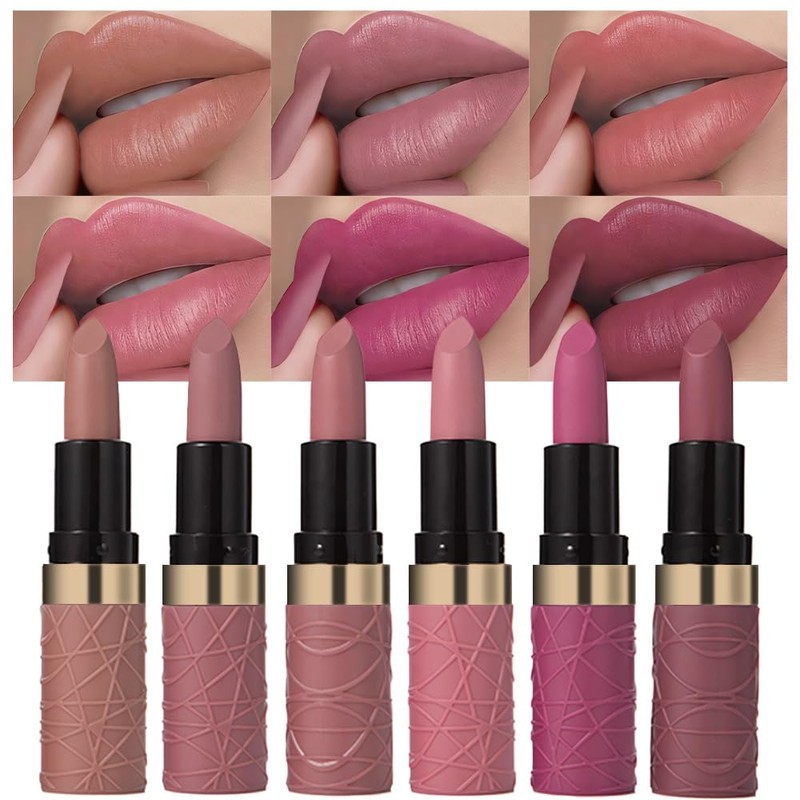 evpct- Juego de 6 pintalabios mate color piel, marrón, rosa,