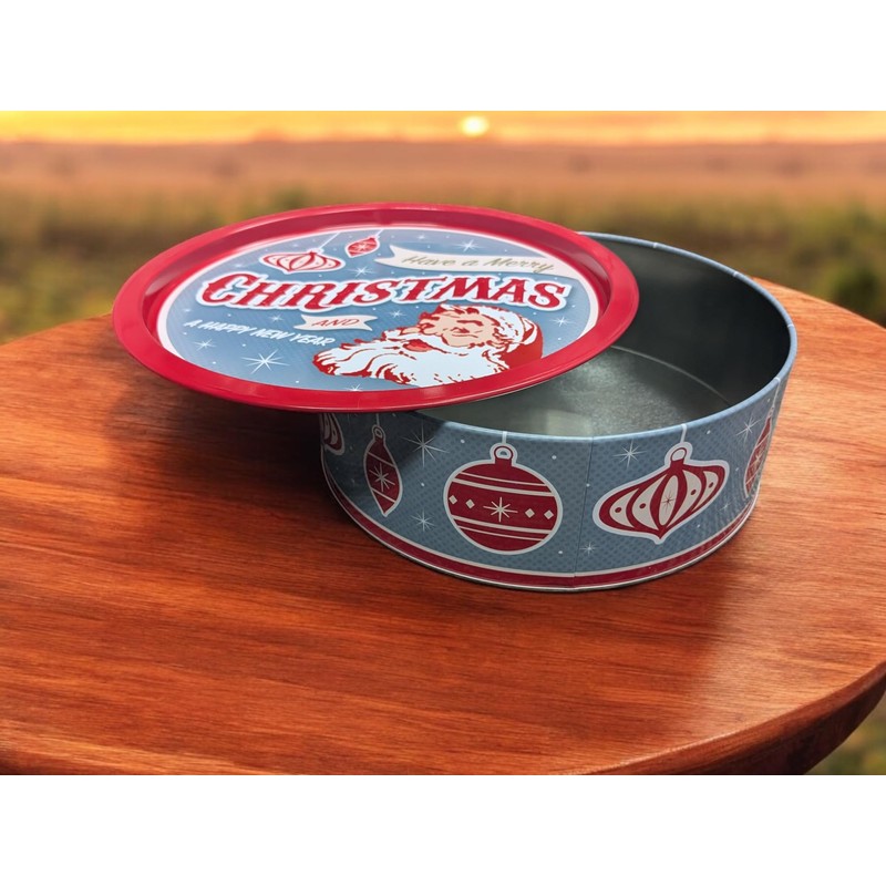 Holiday XL Round Cookie Tin with Tray Lid Santa -