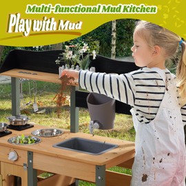 ROBUD Outdoor Mud Kitchen Set for Kids, Wooden Pretend Play Kitchen with Plant Growing Box, Real Faucet, Sink, Kitchen Accessories, Pretend Play for Kids Boys Girls Toys Age 3+