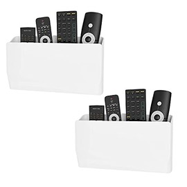 WALI Remote Control Holder Wall Mount, TV Remote Wall Holder Pocket, Bedside Shelf, 8 Inch Hole-Free, for 3 or 4 Media Controls (WMH002-W), 2 Pack, White