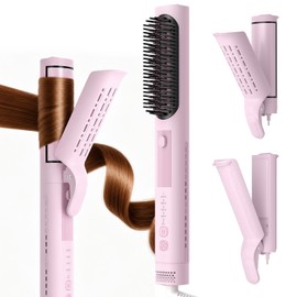 HarrFlow Airflow Curling Iron, Straightener & Flat Iron Combo, Red Light Hair Care, 3-in-1 Hair Styler with Interchangeable Attachments – 300M Negative Ions, Gift for Women, Pink