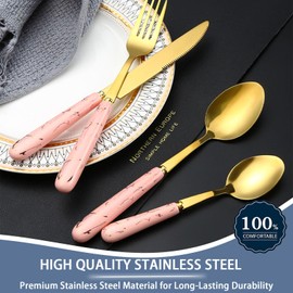 Gold Silverware Set, Caliamary 24 Pieces Flatware Set with Silverware Holder, Stainless Steel Knives Forks Spoons Cutlery Set Service for 6, Kitchen Utensil Tableware Set with Pink Handle (Pink)