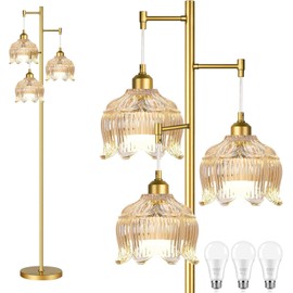 ILLMTW Glass Floor Lamp for Living Room,Bedroom,Gold Mid Century Modern Standing Lamp Brass Tree 3 Light Tall Floor Lamps Vintage Retro Floor Lights Amber Flower Lamp Shade Farmhouse Boho Bohemian