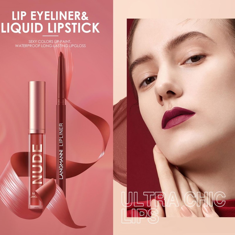 LANGMANNI 6 Matte Lipstick with 6 Lipliners Durable Makeup Set,Long-Lasting