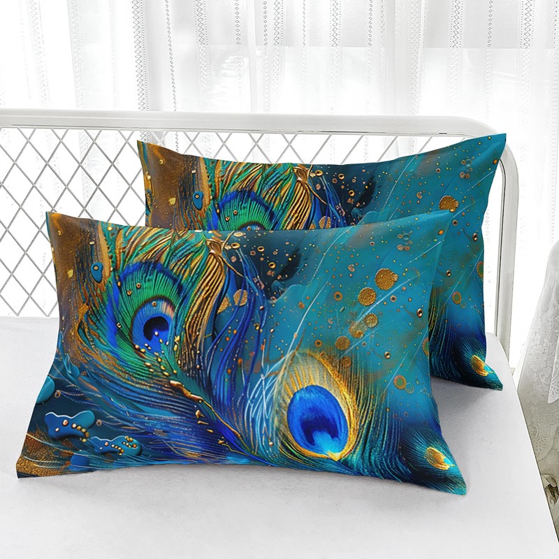AILONEN Peacock Feather Bedding Set King Size 4Pcs,Golden Blue Feather