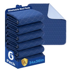 Hide Stains Bed Pads Washable Waterproof for Incontinence, 4-Layer Absorbency Pee Pads, Washable Underpad, Bed Wetting Pad for Elderly, Adults, Pets (Navy Blue, 34" x 36" | 6 Pack)