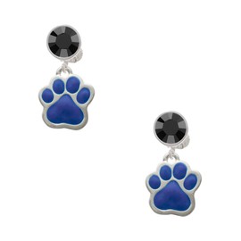 Silvertone Large Royal Blue Paw - Black Crystal Clip on Earrings