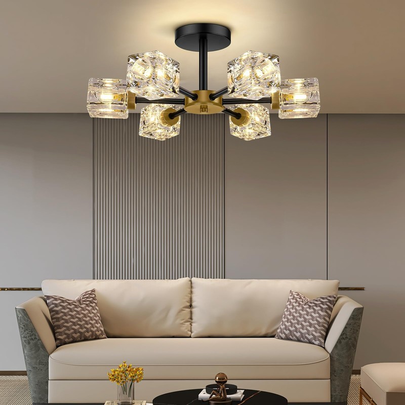 SHINELUX Modern Sputnik Chandelier, 6-Lights Crystal Semi Flush Mount Ceiling