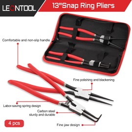 LEONTOOL 4 PCS Snap Ring Plier 13-Inch Heavy Duty Internal and External Circlip Pliers with Storage Pouch Straight Bent Jaw Tip Diameter 0.12" for Installing Removing Retaining Ring