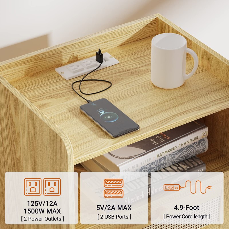 SUPERJARE Nightstands Set of 2, Night Stands with Charging Station