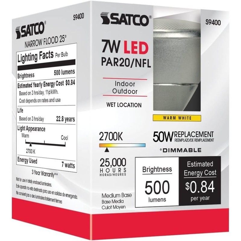 Satco S9400 Par20 LED 2700K 25' Beam Spread Medium Base