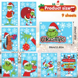 9 Sheets Grin-ch Window Stickers Christmas Grin-ch Window Stickers, Winter Window Christmas Decoration, Double-Sided Snowflake Stickers for Christmas Party Home Window Decoration