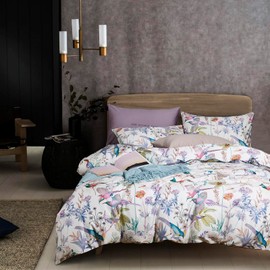 mixinni Full Size Comforter Set, 3 Pieces Vibrant Colors Botanical Floral Fluffy Bedding Set, Garden Style Purple Flower Bird Pattern Comforter with 2 Pillowcases for All Seasons-Full Size