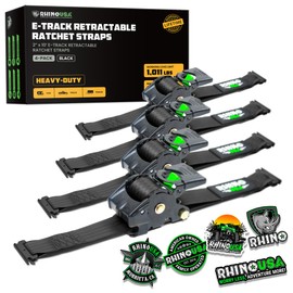 Rhino USA E Track Retractable Ratchet Tie Down Straps - 3033lb BreakStrength - Only for E Track Rail Systems. 4 Premium 2" x10' eTrack Tie Downs-Heavy Duty eTrack Cargo Strap System for Trailer-Black