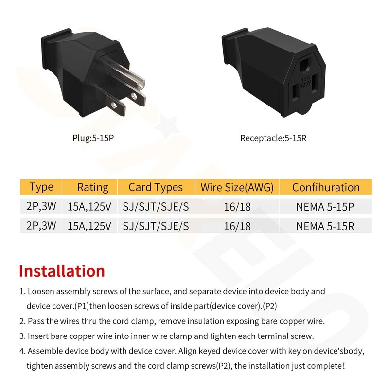 STARELO 10PCS Extension Cord Ends 125V 15A 2Pole 3Wire Female