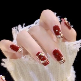 Red Press on Nails Medium Square Pearl Silver line Design French False Nails Artificial Acrylic Coffin Nails Full Cover Reusable Glossy Fake Nails Glue on Nails for Women Nature Fit Stick on Nails