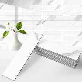 OYASIMI 40-Piece Marble White Thick PVC Peel and Stick Backsplash, 2" x 8" Waterproof Subway Tile Peel and Stick Wall Tiles for Kitchen and Bathroom