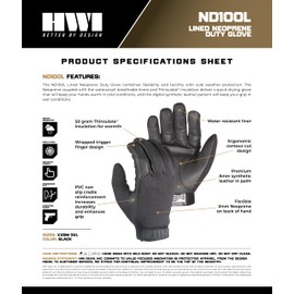 HWI Gear ND100L Lined Neoprene Duty Glove, Cold Weather, Water Resistant, Warm, Durable, Ultra Flexible, Ergonomic Cut, Wrapped Finger Black, XXS