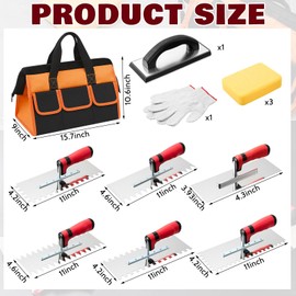 SiliFine 12 Pcs Tile Tools Stainless Steel Notch Trowel Set, Include 6 Notched Tile Trowel, 1 Rubber Grout Float, 1 Tool Bag, 1 Pair of Cotton Gloves, 3 Grout Sponge for Tiling Installation Grouting