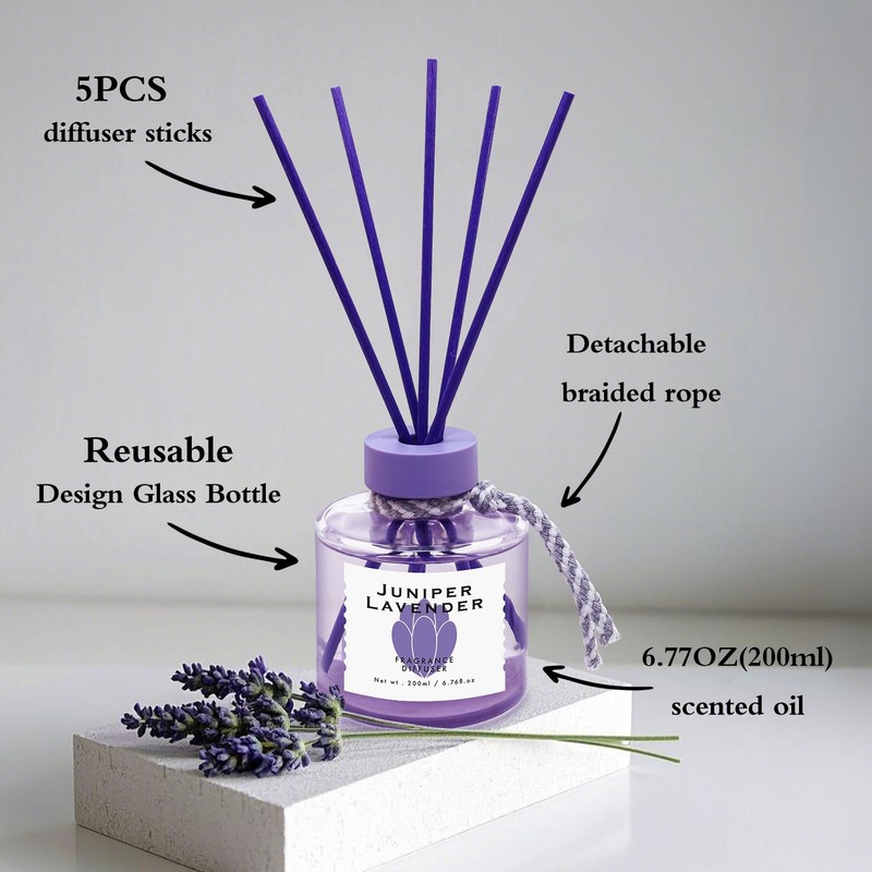 BEHAZEER Juniper Lavender Reed Diffuser, 6.77OZ/200ML Large Capacity Natural Non-Toxic