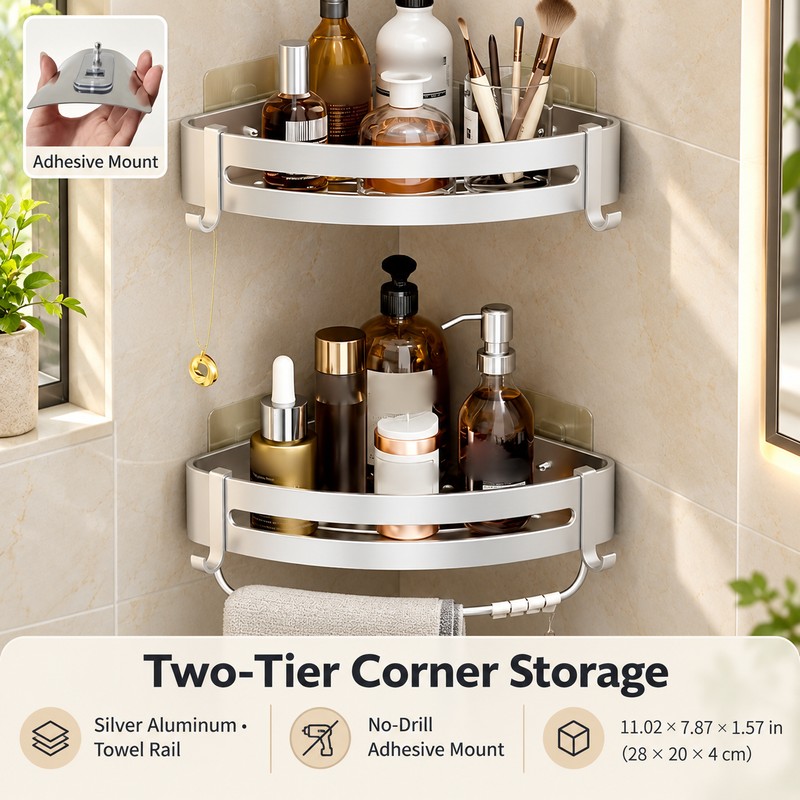 Aluminum Shower Caddy for Bathroom Storage – No-Drill Wall-Mounted Organizer
