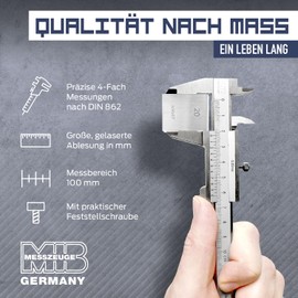 MIB Small Vernier Caliper with Locking Screw DIN 862 100 mm | Stainless Steel Calliper | Analogue Vernier Caliper | Push Gauge Matte Chrome-Plated | Precision Gauge for 4-Way Measurement | Measuring