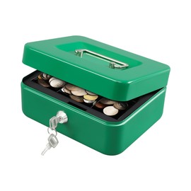 KYODOLED Medium Cash Box with Money Tray,Small Safe Lock Box with Key,Cash Drawer,7.87"x 6.30"x 3.54" Green Medium