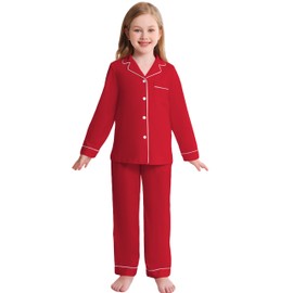 Veseacky Girls' Red Christmas Pajama Set 100% Cotton PJ Button Long Sleeve 2 Piece Pajamas Set Boys Girls Pjs for Ages 5-14(Red,130)