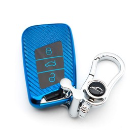 M.JVisun Soft Carbon Fiber Finish Car Key Fob Cover for Volkswagen Arteon Atlas Golf Alltrack Jetta Passat Taos SEL for Tiguan for Skoda Kodiaq Superb A7 Electroplated TPU Case with Keychain - Blue